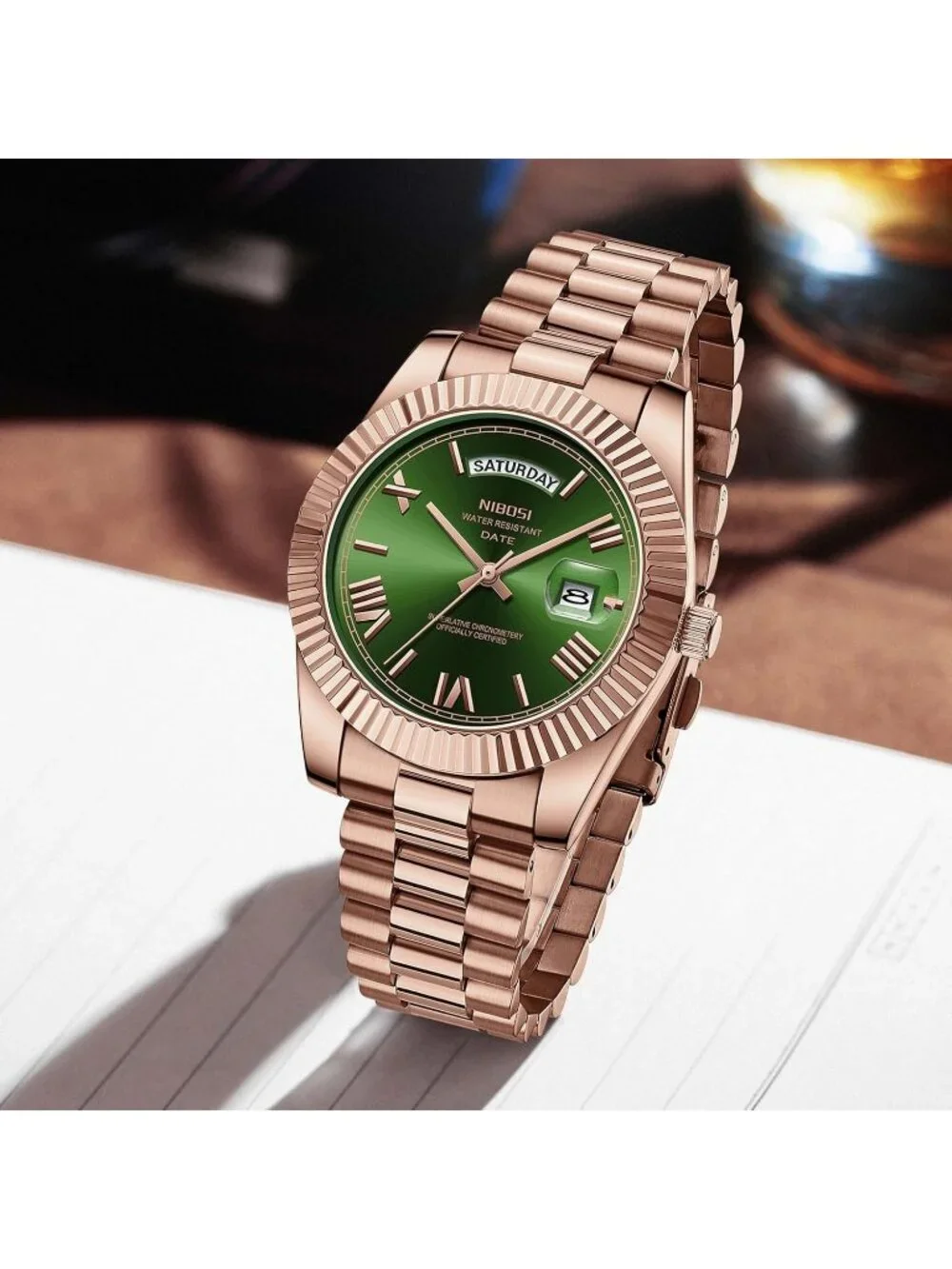 Nibosi Men's Rose Green Analog Quartz Stainless Waterproof Desiger Wrist Watch